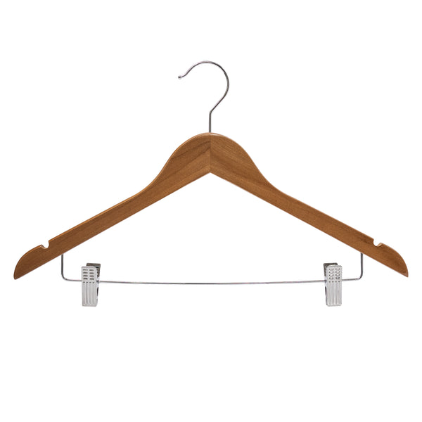 44.5cm Walnut Wooden Combination Hanger With Clips 12mm thick Sold in Bundle of 10/20/50/100