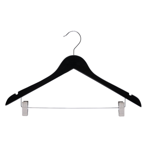 44.5cm Black Wooden Combination Hanger With Clips 12mm thick Sold in Bundle of 20/50/100