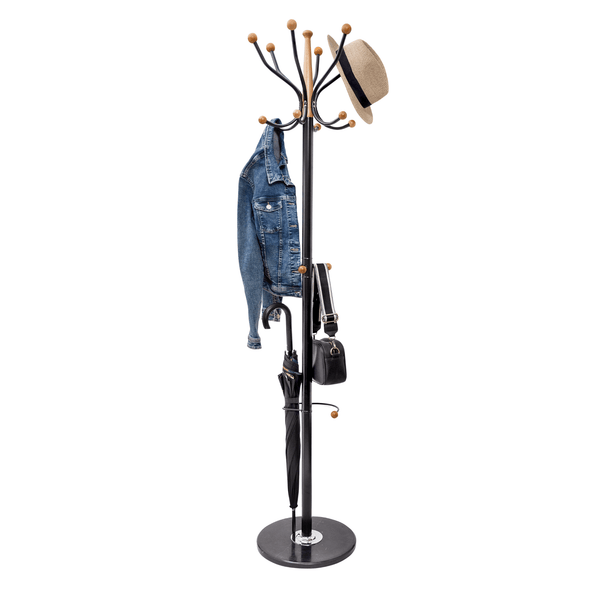 Home Deluxe Heavy Duty Coat Rack (Black Metal & Beech Wood ) With Solid Marble Base and 16 Pegs - Mycoathangers