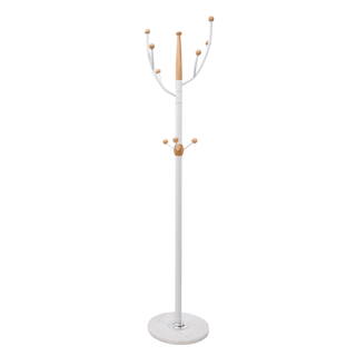 Home Deluxe Heavy Duty Metal Coat Stand (White Metal & Beech Wood) With Solid Marble Base With 9 Pegs - Mycoathangers