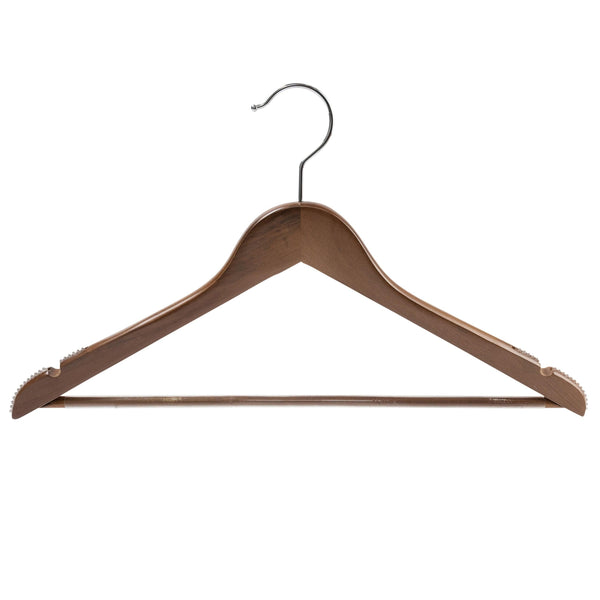 44.5cm Walnut Wooden Suit Hanger With Bar 14mm thick With Extra Soft Non Slip Rubber On Shoulders & Wood Pant Bar Sold in 25/50/100 - Mycoathangers