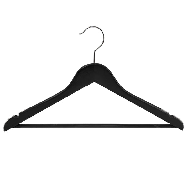 44.5cm Black Wooden Suit Hanger With Bar 14mm thick With Extra Soft Non Slip Rubber On Shoulders & Wood Pant BarSold in 25/50/100 - Mycoathangers