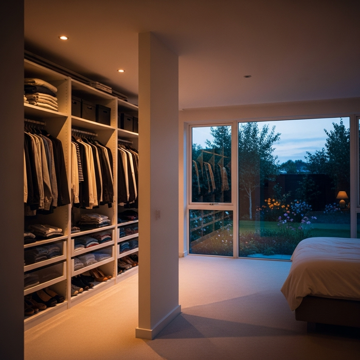 Modern bedroom with organized walk-in closet and large window overlooking garden at dusk