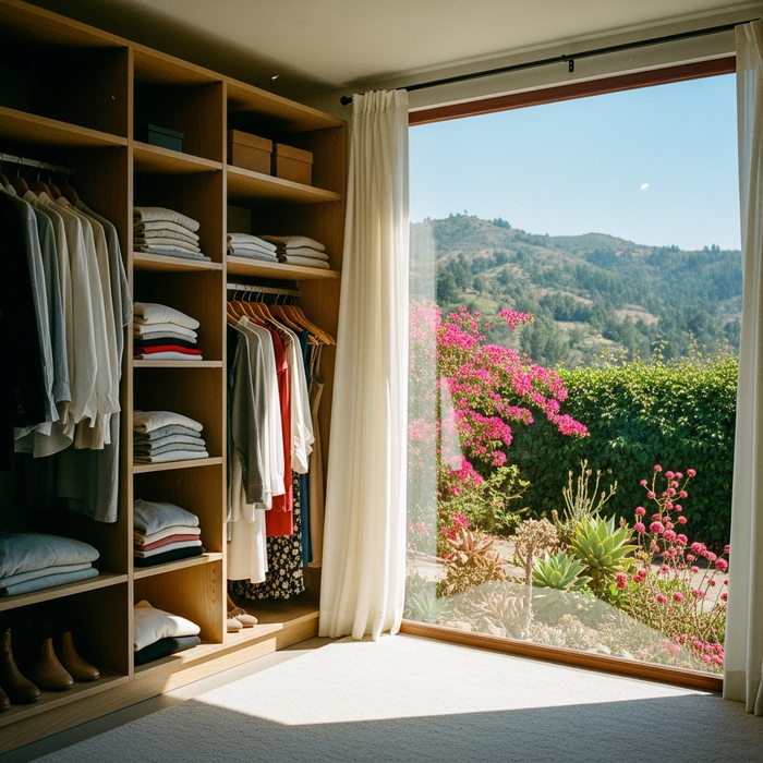 Organized wooden closet with folded clothes and hanging outfits next to large window overlooking garden and mountains