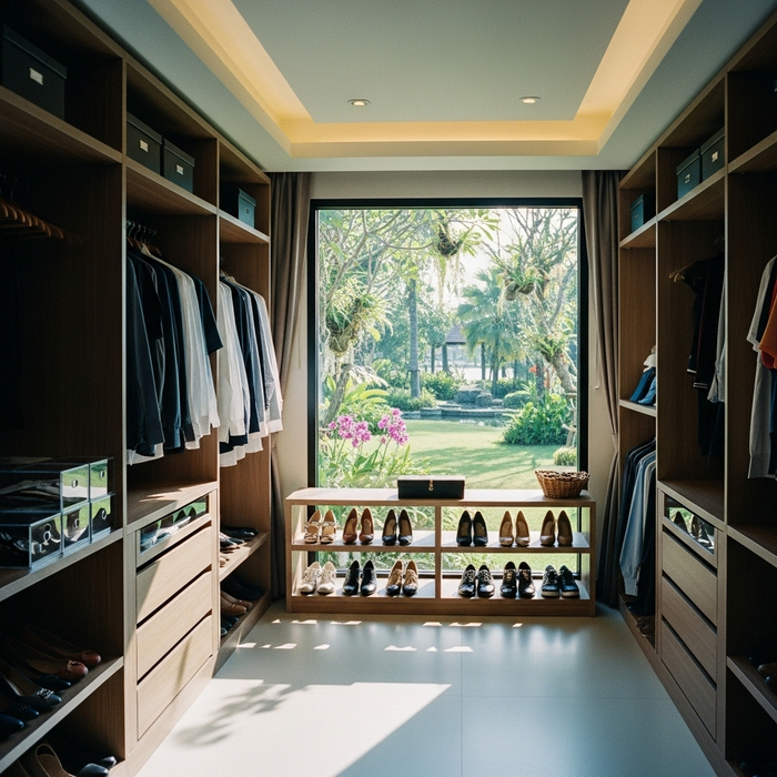 Bright walk-in closet with wooden shelves, hanging clothes, shoes, and large window overlooking garden