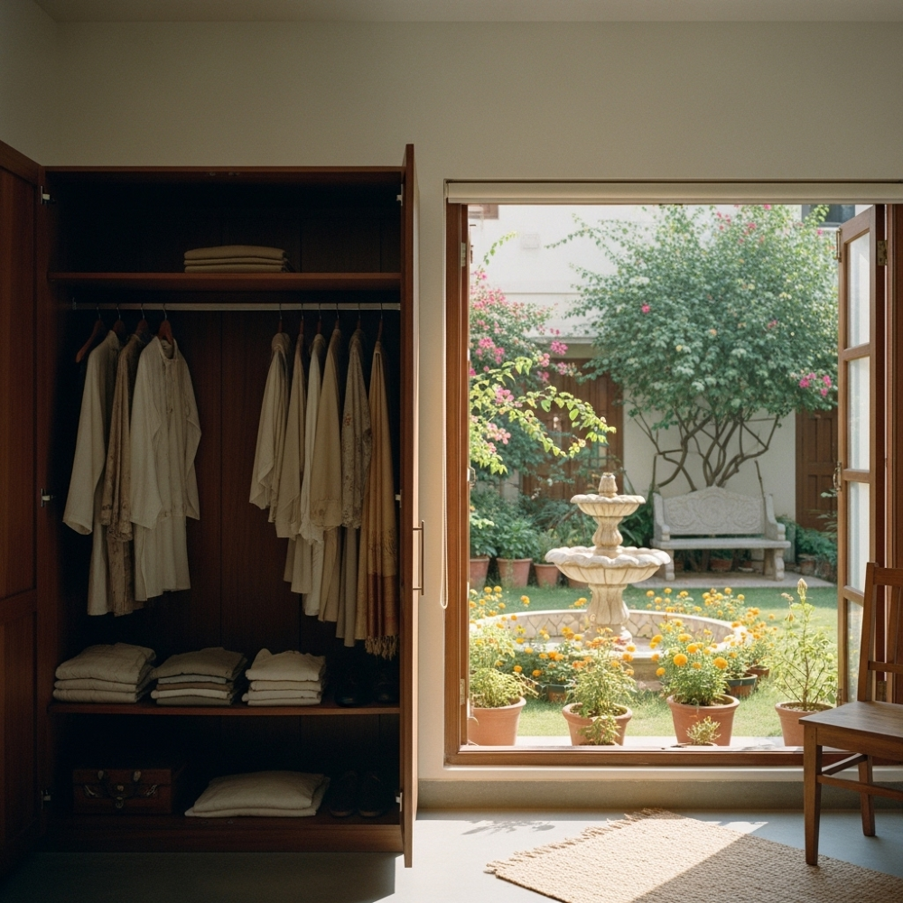 Open wooden wardrobe with beige clothes and a view of a sunny garden with potted flowers and a fountain