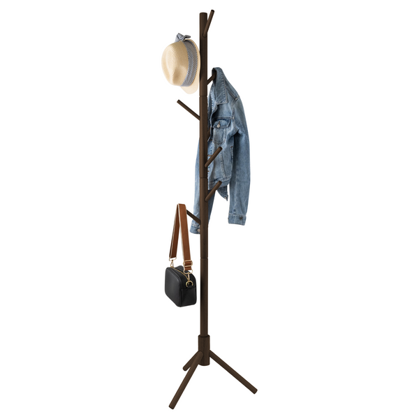 Home Basic Solid Oak Wood Tree Coat Rack Stand, 8 Hooks - Dark Brown - Easy Installation