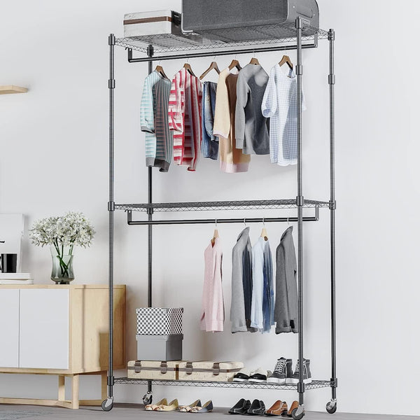 Home Essential Matte Black 200cm Tall Metal Garment Rack With 3 Shelves & Removable Wheels - Hold 50 kgs Each Shelve - Mycoathangers