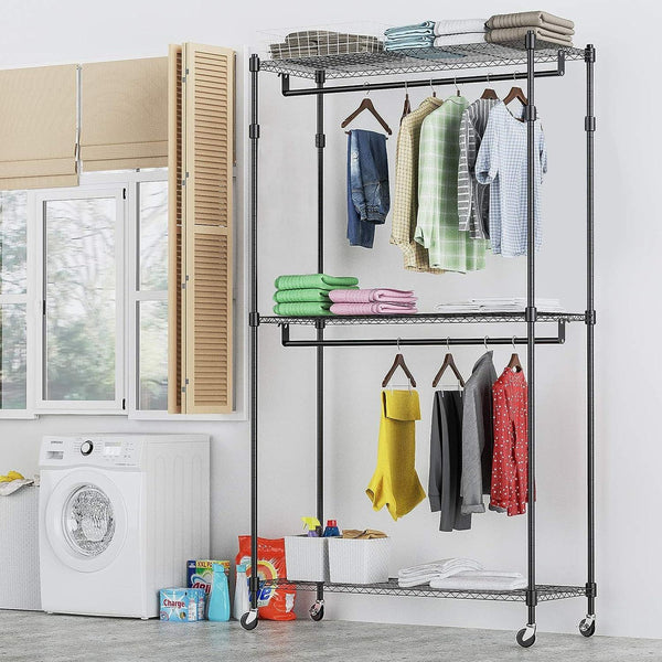 Home Essential Matte Black 185cm Tall Metal Garment Rack With 3 Shelves & Removable Wheels - Hold 50 kgs Each Shelve