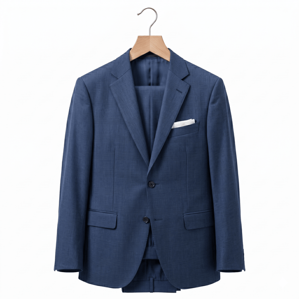 Blue blazer on a wooden hanger against a white background