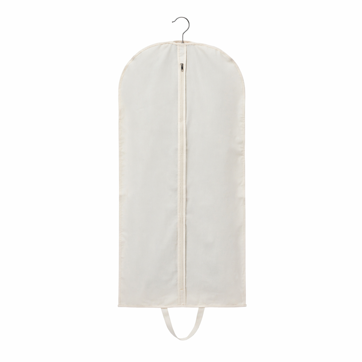 White garment bag with zipper and hanging hook for clothes storage and protection