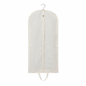 White garment bag with zipper and hanging hook for clothes storage and protection