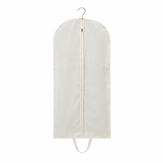 White garment bag with a zipper on a white background