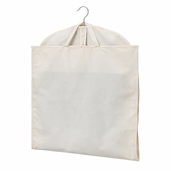 Beige fabric garment cover bag with hanger for clothes storage and protection