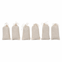 Six beige drawstring bags on a white background