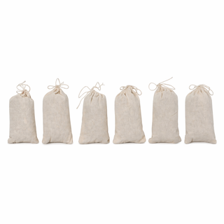 Six beige drawstring bags on a white background