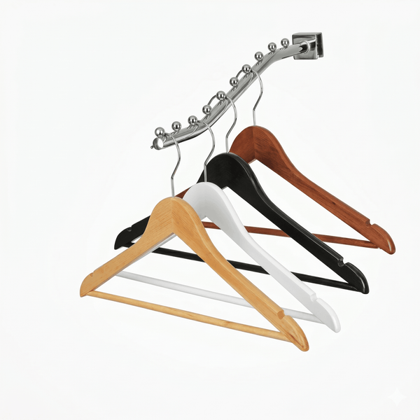 Assorted wooden coat hangers in black, white, and wood on a metal clothes rack