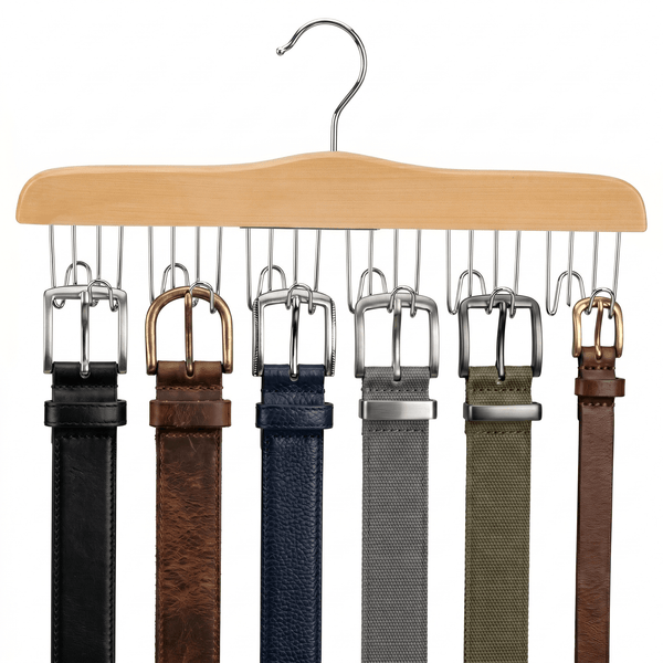 Wooden belt hanger with multiple belts organized, ideal for closet storage