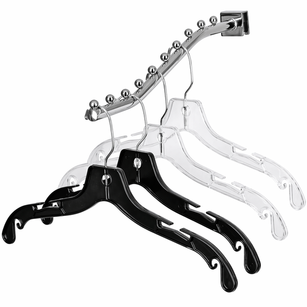 Set of black and clear hangers on a white background