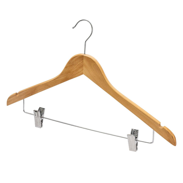 17'' Natural Wooden Combination Hanger With Clips 12mm thick Sold in Bundle of 25/50/100