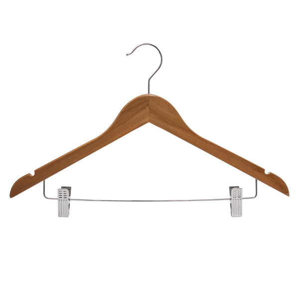 44.5cm Walnut Wooden Combination Hanger With Clips 12mm thick Sold in Bundle of 25/50/100