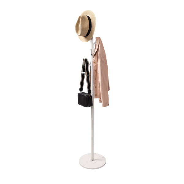 Home Deluxe Heavy Duty Coat Stand Matte White Metal & Thick Aluminium 8 Pegs With Solid Marble Base - Mycoathangers