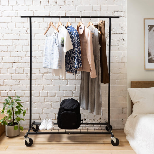 Home Essential Matte Black Metal Rolling Garment Rack (100kgs Weight Capacity) & Removable Metal Bottom Screen Sold in 1/5 - Mycoathangers