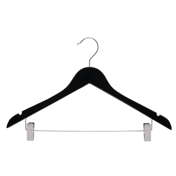 44.5cm Black Wooden Combination Hanger With Clips 12mm thick Sold in Bundle of 10/20/50/100