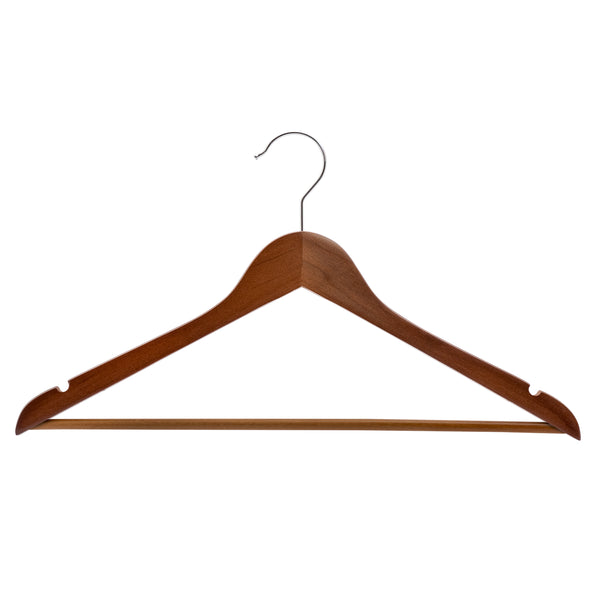 Wooden coat hanger with bar and notched shoulders on white background