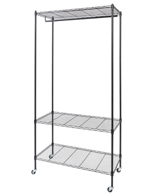 Home Essential Matte Black 200cm Tall Metal Garment Rack With 3 Shelves & Removable Wheels - Hold 50 kgs Each Shelve - Mycoathangers