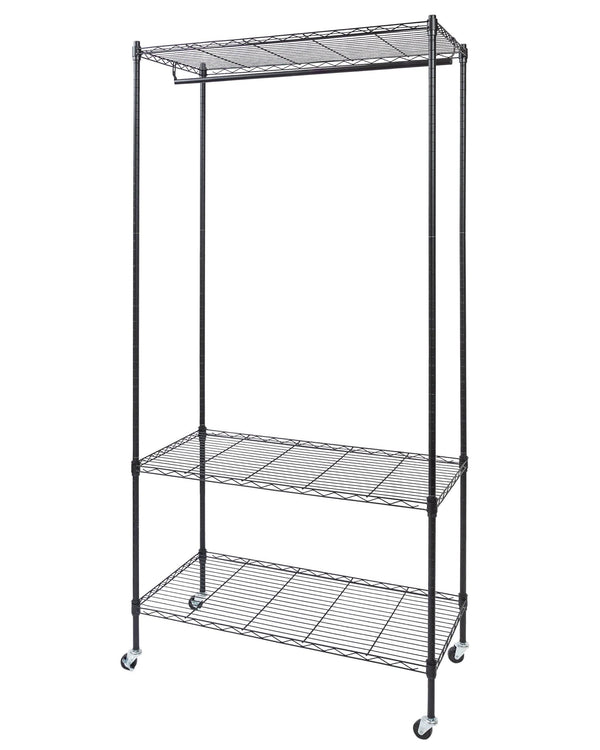 Home Essential Matte Black 200cm Tall Metal Garment Rack With 3 Shelves & Removable Wheels - Hold 50 kgs Each Shelve - Mycoathangers