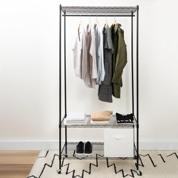 Home Essential Matte Black 200cm Tall Metal Garment Rack With 3 Shelves & Removable Wheels - Hold 50 kgs Each Shelve - Mycoathangers