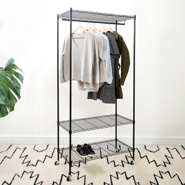Home Essential Matte Black 185cm Tall Metal Garment Rack With 3 Shelves & Removable Wheels - Hold 50 kgs Each Shelve