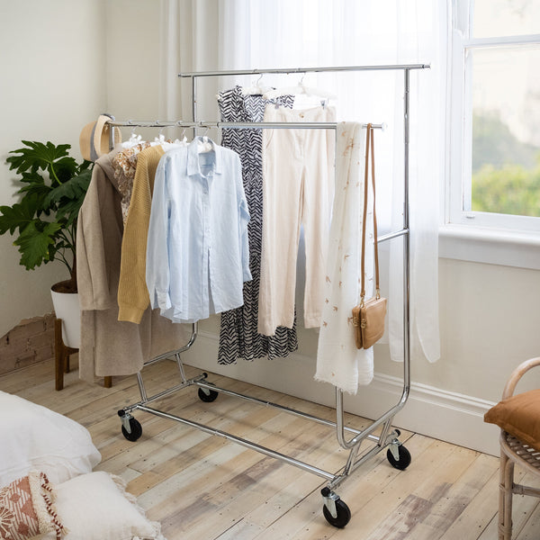 Shop Essential Double Rail Chrome Metal Garment Rack Commercial Grade (210kgs Weight Capacity) Sold in 1/3 - Mycoathangers