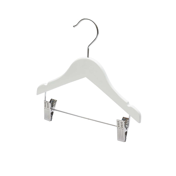 25cm White Wooden Baby Hangers W/Clips & Notches Sold in Bundles of 10/20/50/100