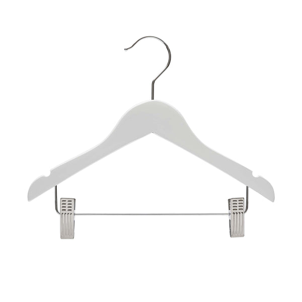 30.5cm White Wooden Baby Hangers W/Clips & Notches Sold in Bundles of 10/20/50/100