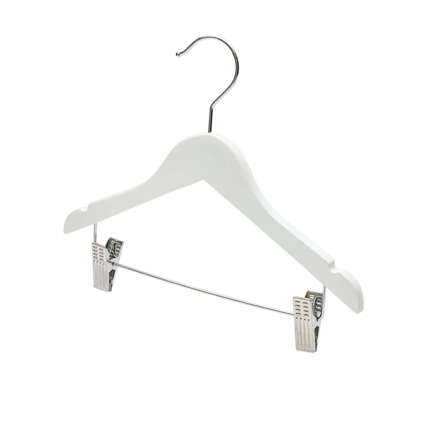 30.5cm White Wooden Baby Hangers W/Clips & Notches Sold in Bundles of 25/50/100