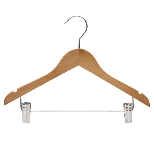 36cm Natural Wooden Baby Hangers W/Clips & Notches Sold in Bundles of 10/20/50/100