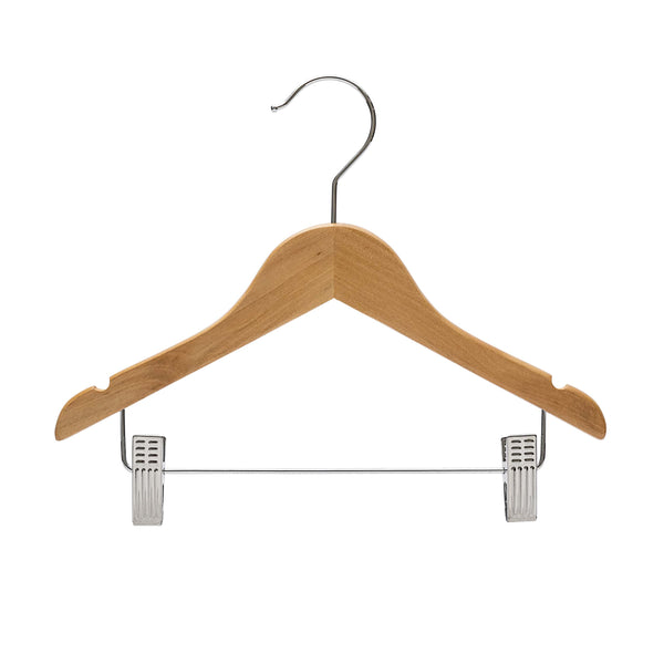 30.5cm Natural Wooden Baby Hangers W/Clips & Notches Sold in Bundles of 10/20/50/100