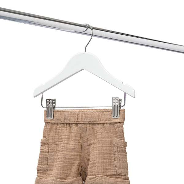 25cm White Wooden Baby Hangers W/Clips & Notches Sold in Bundles of 10/20/50/100