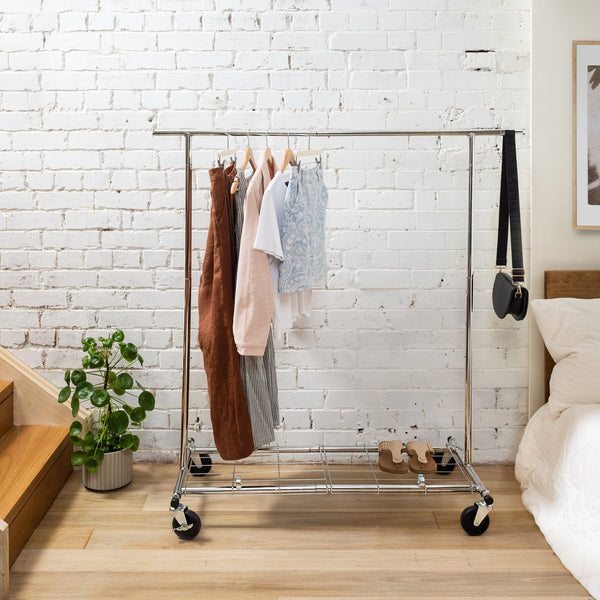 Home Essential Chrome Metal Rolling Garment Rack (100kgs Weight Capacity) & Removable Metal Bottom Screen Sold in 1/3