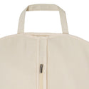 Close-up of a beige cotton garment bag with a zipper and handle on a white background