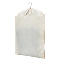 Beige fabric garment storage bag hanging on metal clothes rack hook