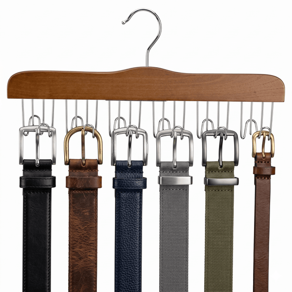 Walnut wood belt hanger with multiple belts organized, closet storage accessory