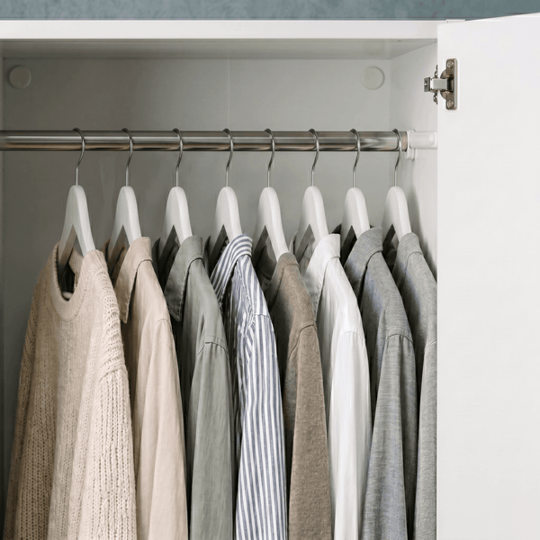 Clothing items on hangers inside a wardrobe with neutral colors.