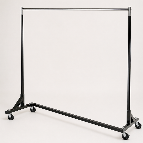 Commercial-grade Z-shaped metal clothes rack with wheels on a neutral background