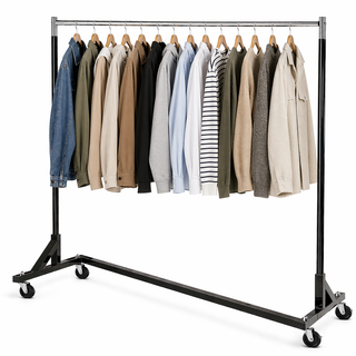 Sturdy metal clothes rack on wheels holding assorted jackets and shirts on wooden hangers