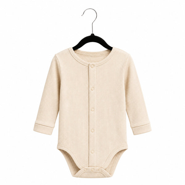 Beige baby bodysuit on a hanger against a white background