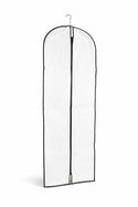 white non woven garment bag with a black zipper on a white background