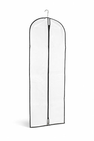Clear garment bag with a black zipper on a white background